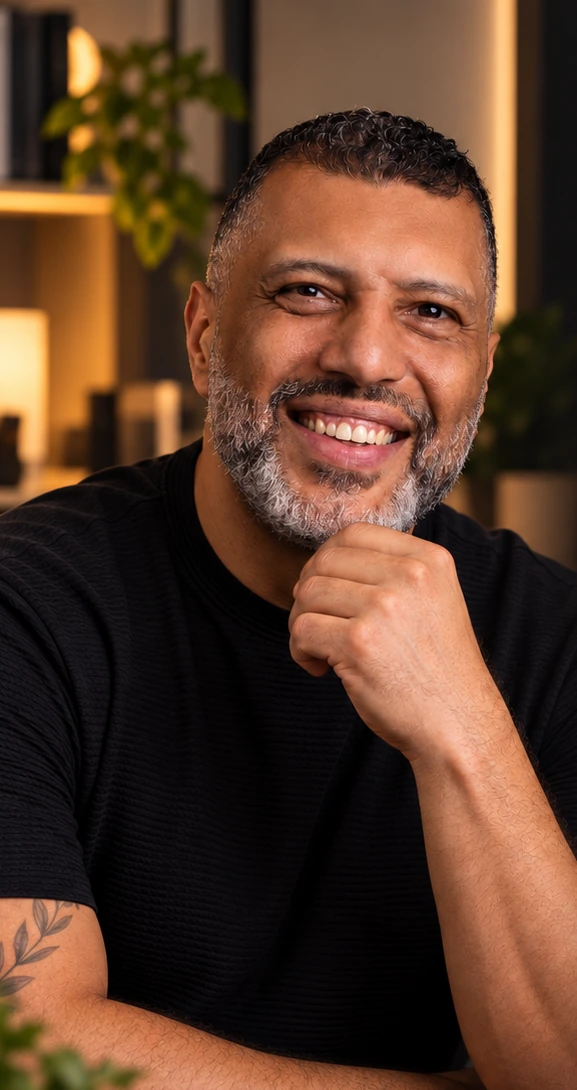 Kleber Santiago sorrindo, com a mão apoiada no queixo, em ambiente acolhedor