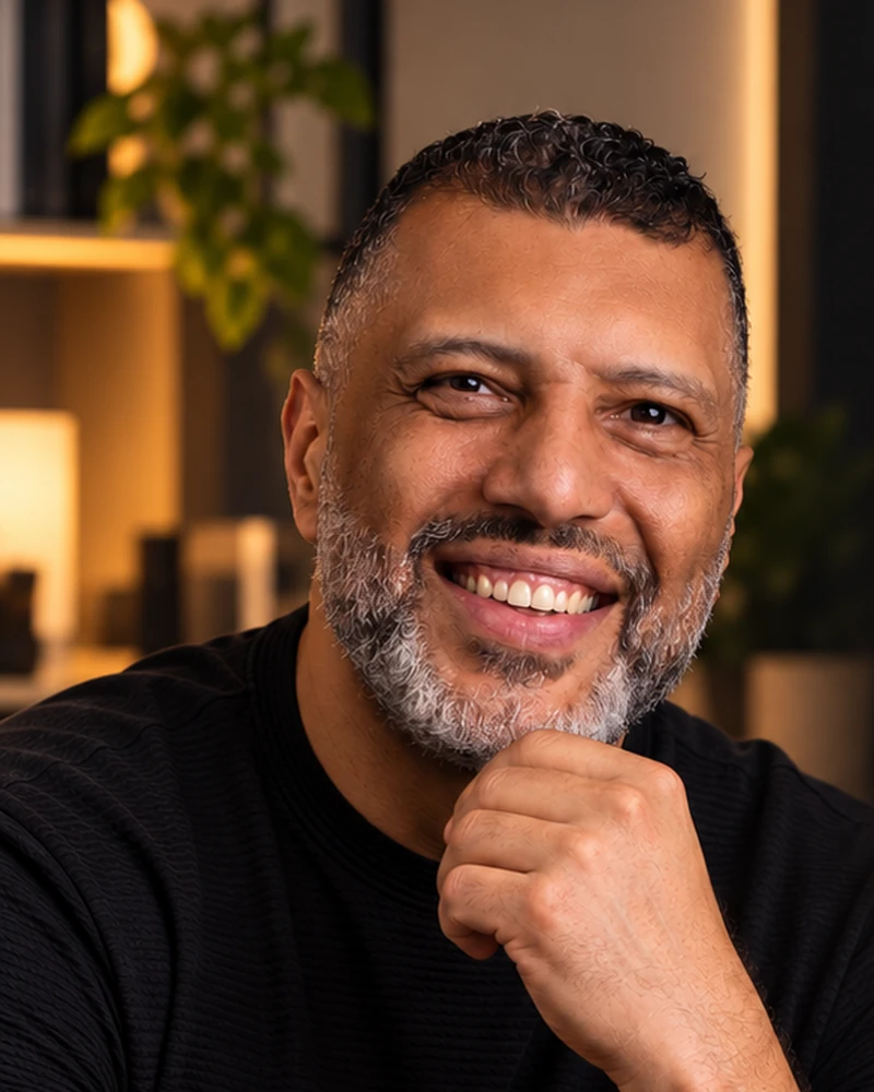 Kleber Santiago sorrindo em retrato de estúdio